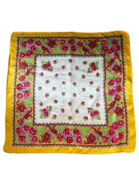 VTG Floral Yellow White Satin Scarf Pink Rose Print Paisley Border 27” Square